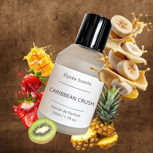 Perfume bottle labeled 'Caribbean Crush' surrounded by fruit on a brown background