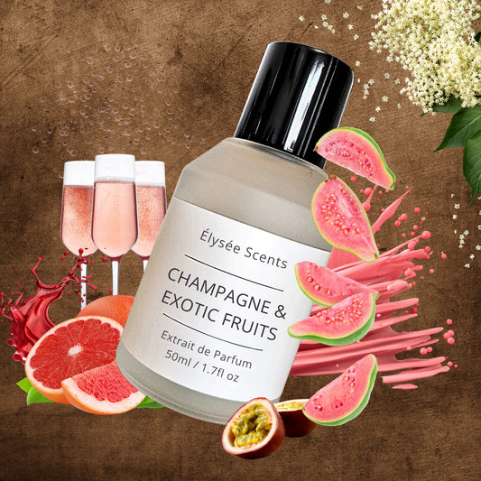 Perfume bottle labeled 'Élysée Scents Champagne & Exotic Fruits' with fruit and glass graphics on a brown background
