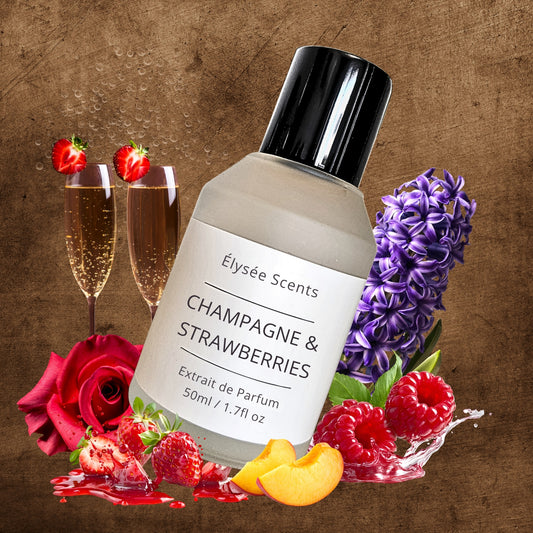 Perfume bottle labeled 'Champagne & Strawberries' with floral and fruit elements on a brown background