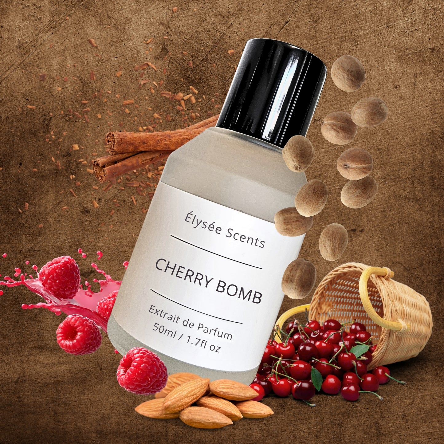 Elysee Scents Cherry Bomb perfume bottle with cherry, raspberry, and almond elements on a brown background