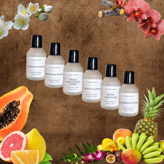 Collection of perfume bottles with tropical fruits and flowers on a brown background