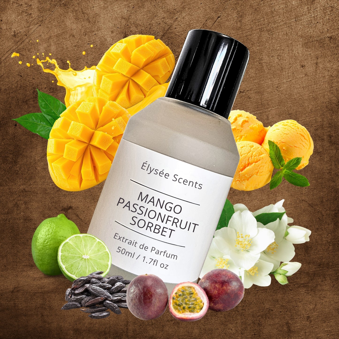 Perfume bottle labeled 'Mango Passionfruit Sorbet' with mangoes, lime, passionfruit, and flowers on a brown background