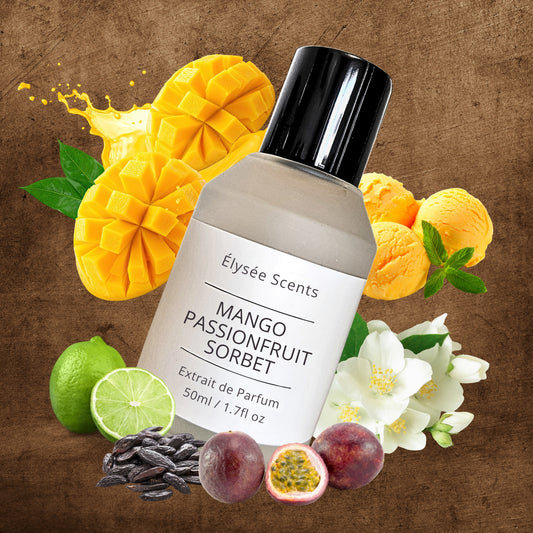 Perfume bottle labeled 'Mango Passionfruit Sorbet' with mangoes, lime, passionfruit, and flowers on a brown background