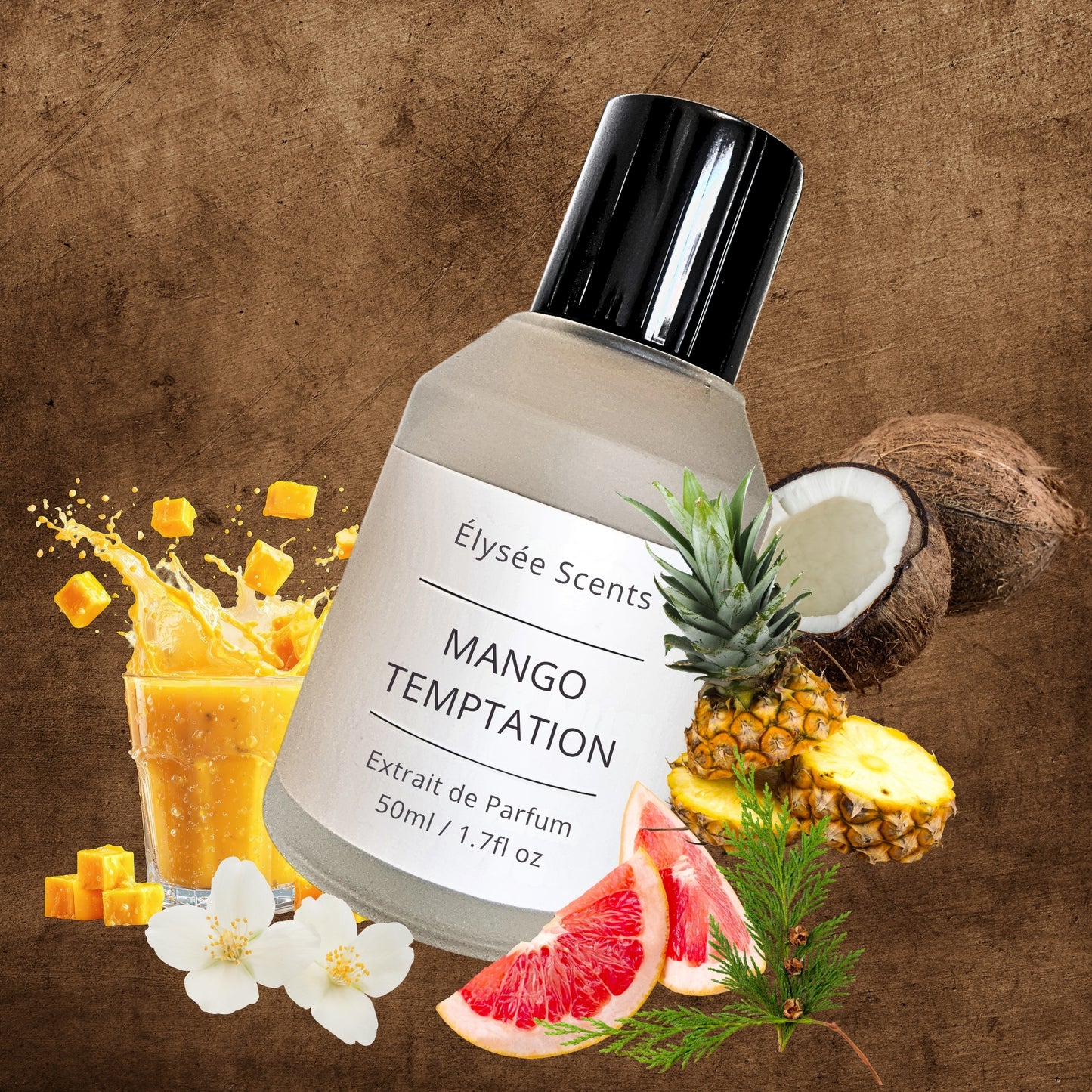 Bottle of Élysée Scents Mango Temptation perfume with fruit and floral elements on a brown background