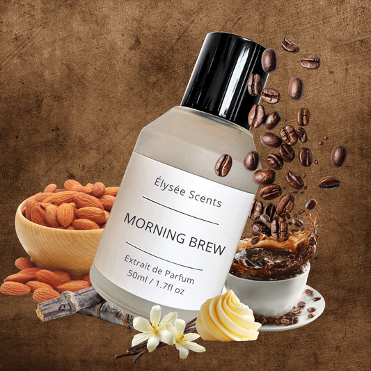 Bottle of 'Morning Brew' perfume by Elysee Scents with coffee beans, almonds, and a cup on a brown background.
