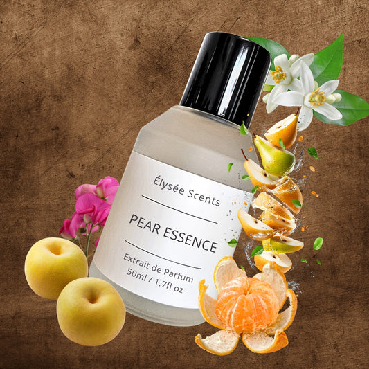 Elysee Scents Pear Essence perfume bottle with pear, orange, and flower elements on a brown background