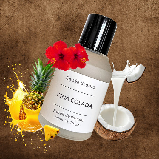 Elysée Scents Pina Colada perfume bottle with pineapple, coconut, and flowers on a brown background