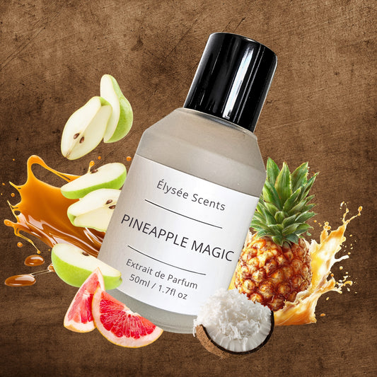 Bottle of 'Pineapple Magic' perfume by Elysee Scents with fruit elements on a brown background
