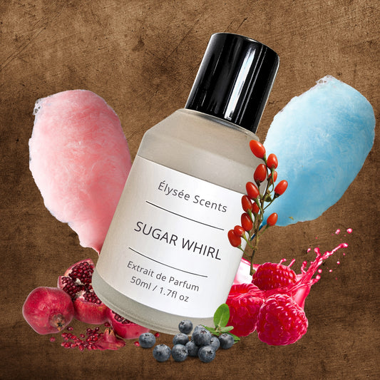 Elysee Scents Sugar Whirl perfume bottle with fruit and berry graphics on a brown background