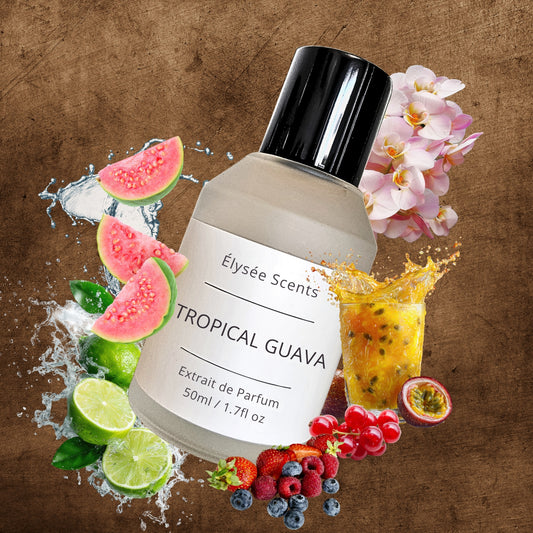 Perfume bottle labeled 'Élysée Scents Tropical Guava' surrounded by tropical fruits and flowers on a brown background