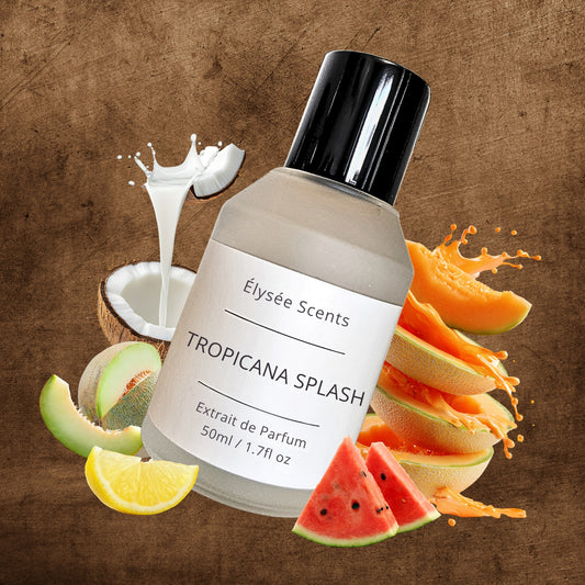 Bottle of Élysée Scents Tropicana Splash perfume with fruit-themed design on a brown background