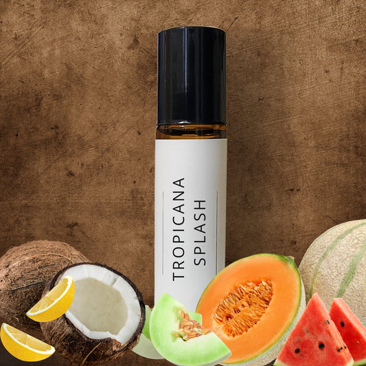 10ml Roll-on bottle labelled 'Tropicana Splash' with tropical fruits on a wooden background